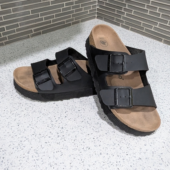 Papillio Birkenstock Platform Arizona Black Vegan Two Strap Sandal Size 39 8 8.5 - Picture 2 of 10